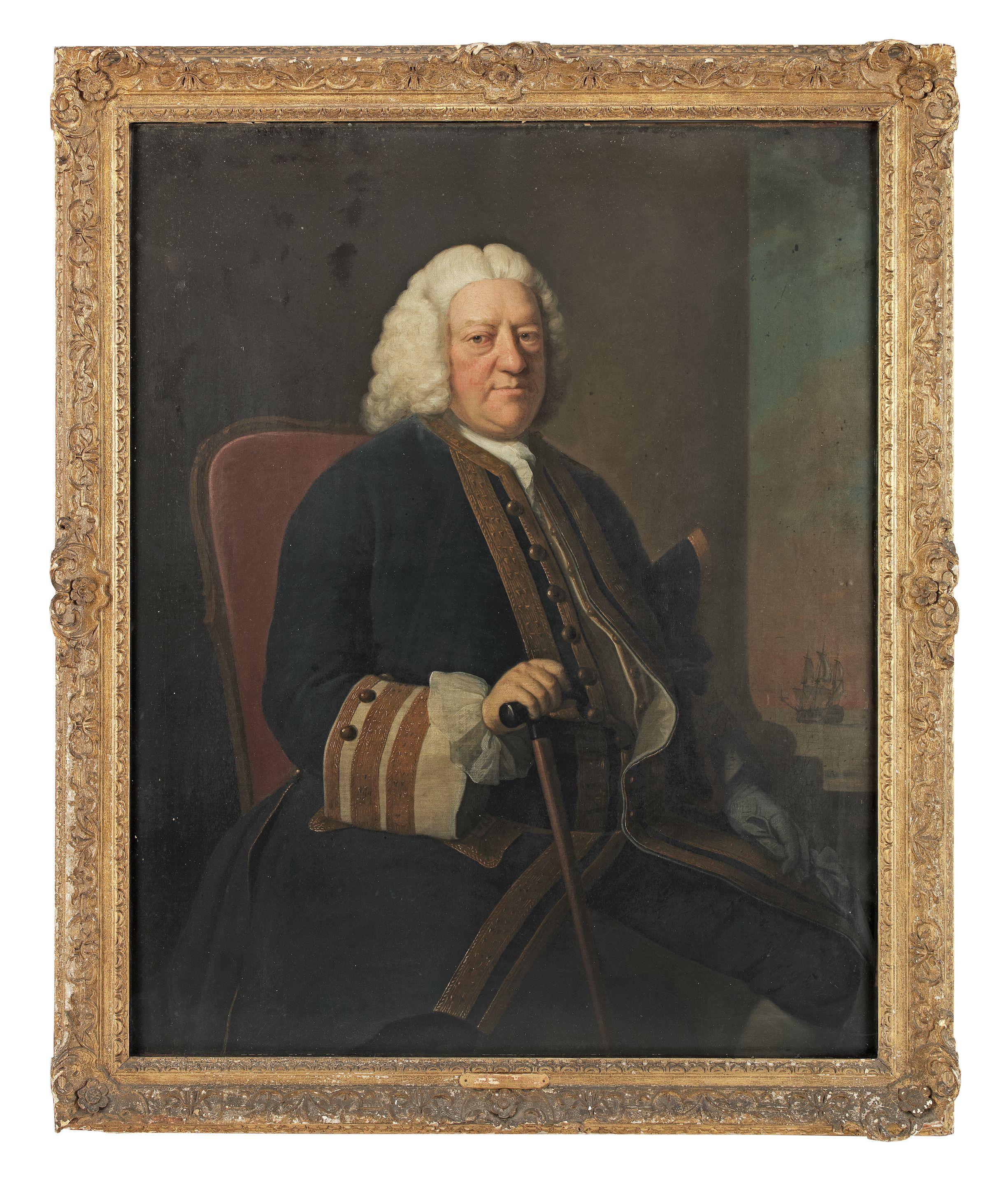Portrait of Captain John Wingate RN. (1688-1760), seated, three-quarter-length, a navy vessel at sea showing through a window