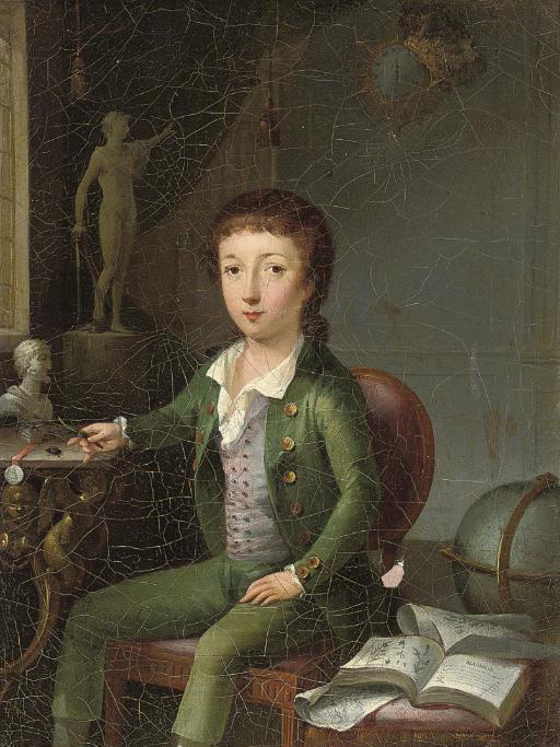 Portrait of Count Pierre-François-Marie-Auguste Dejean (1780-1845), Aged Eleven, Small Three-Quarter-Length, In A Green Suit, Seated By A Table With Classical Busts, A Gladiolus In His Right Hand, A Botanical Book By His Left