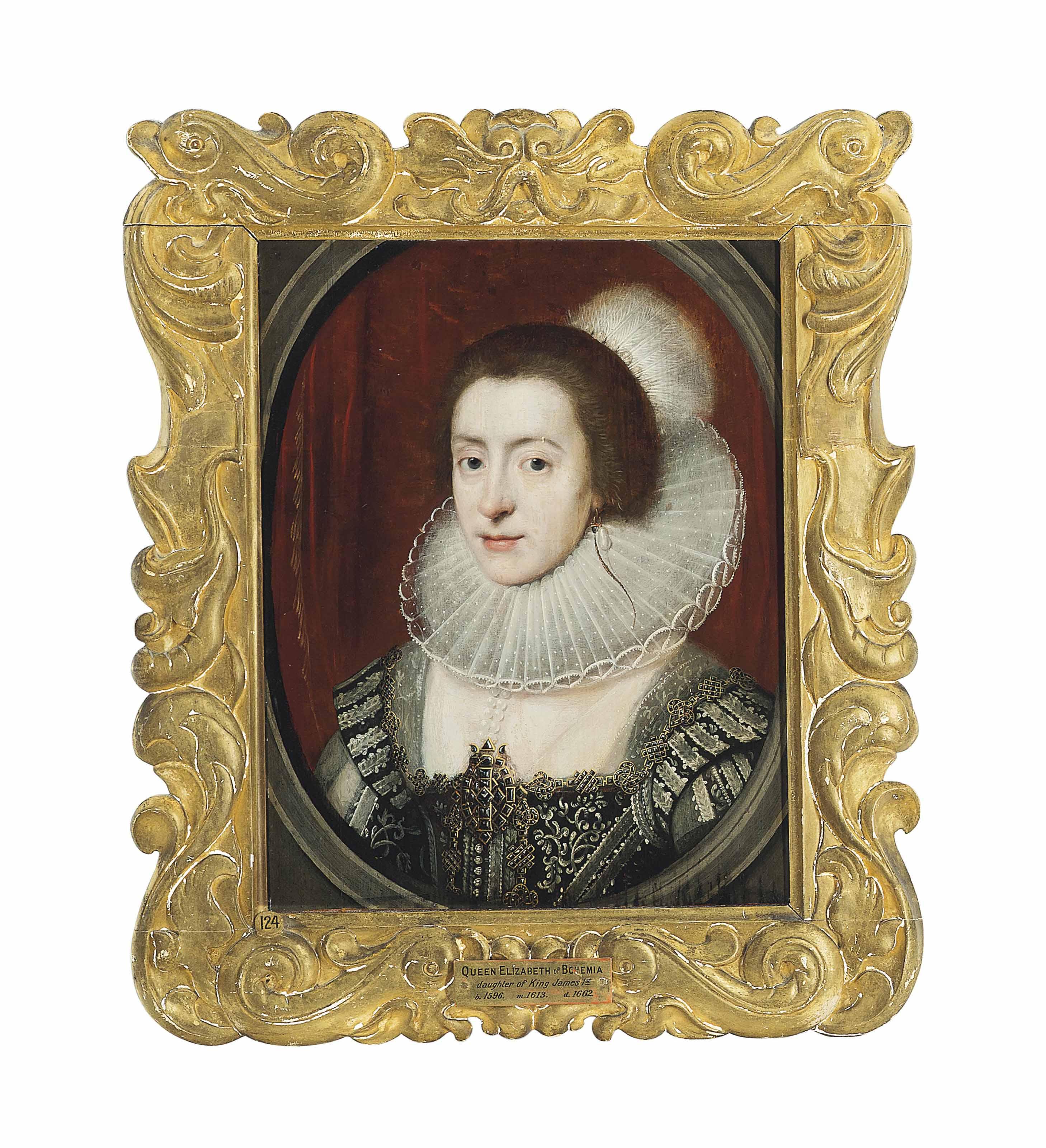 Portrait of Elizabeth Stuart (1596-1662), Electress Palatine, Queen of Bohemia, bust-length, in a black and white embroidered dress encrusted with jewels, wearing a white ruff and a plumed headdress, in a sculpted oval