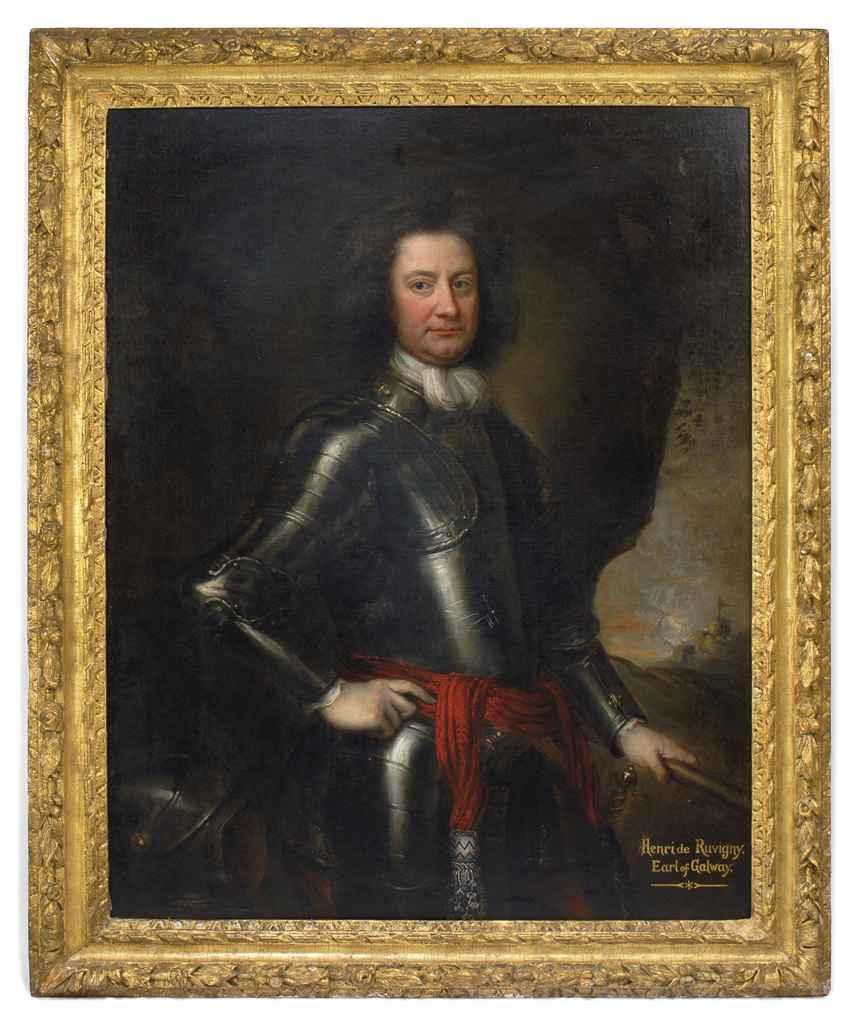 Portrait of Henri de Massue, Marquis de Ruvigny, 1st Earl of Galway, three-quarter length in armour with a red sash, a landscape beyond