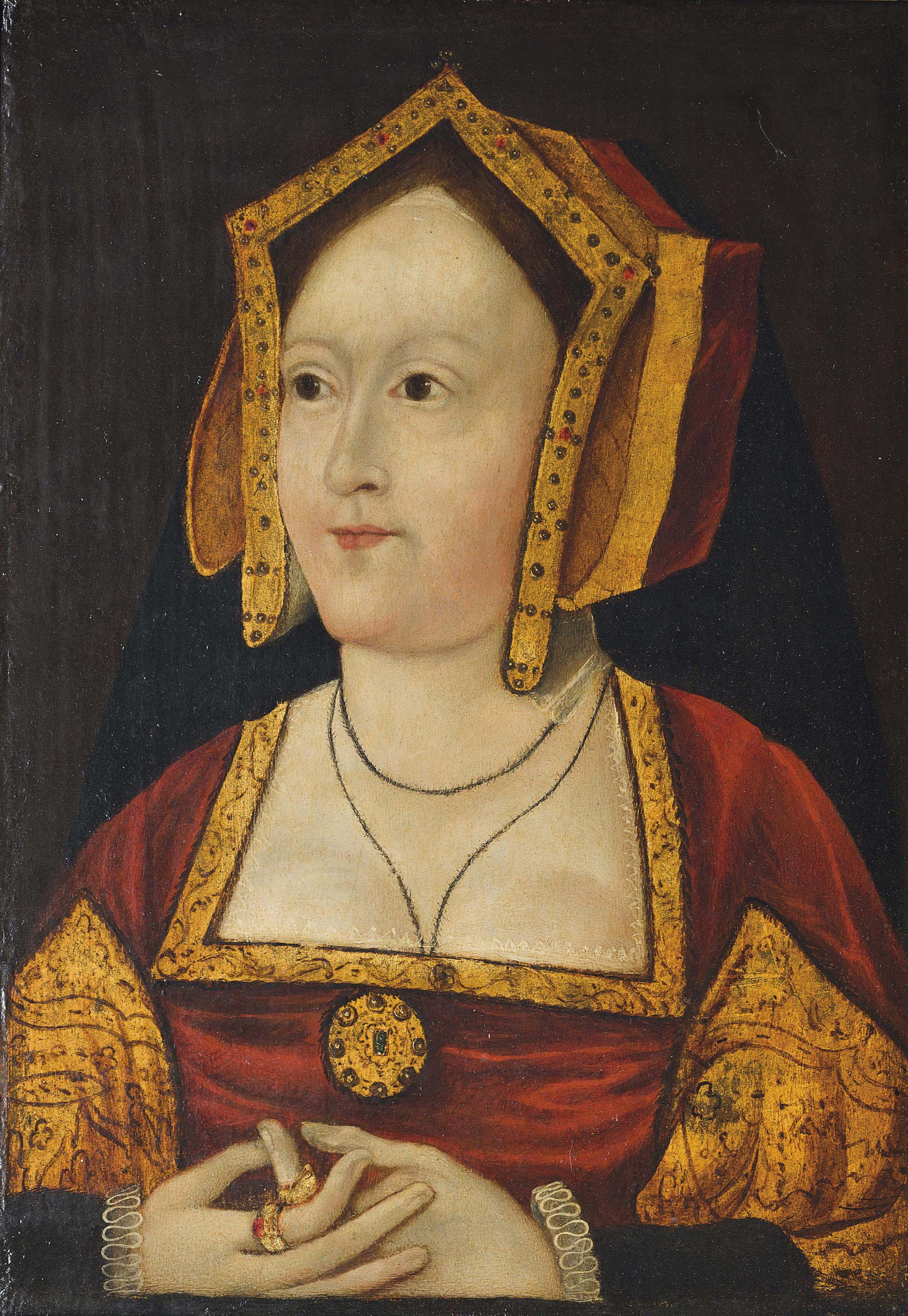 Portrait of Katherine of Aragon (1485-1536), first wife of King Henry VIII, bust-length, in a gold-embroidered red dress and jewelled gable hood