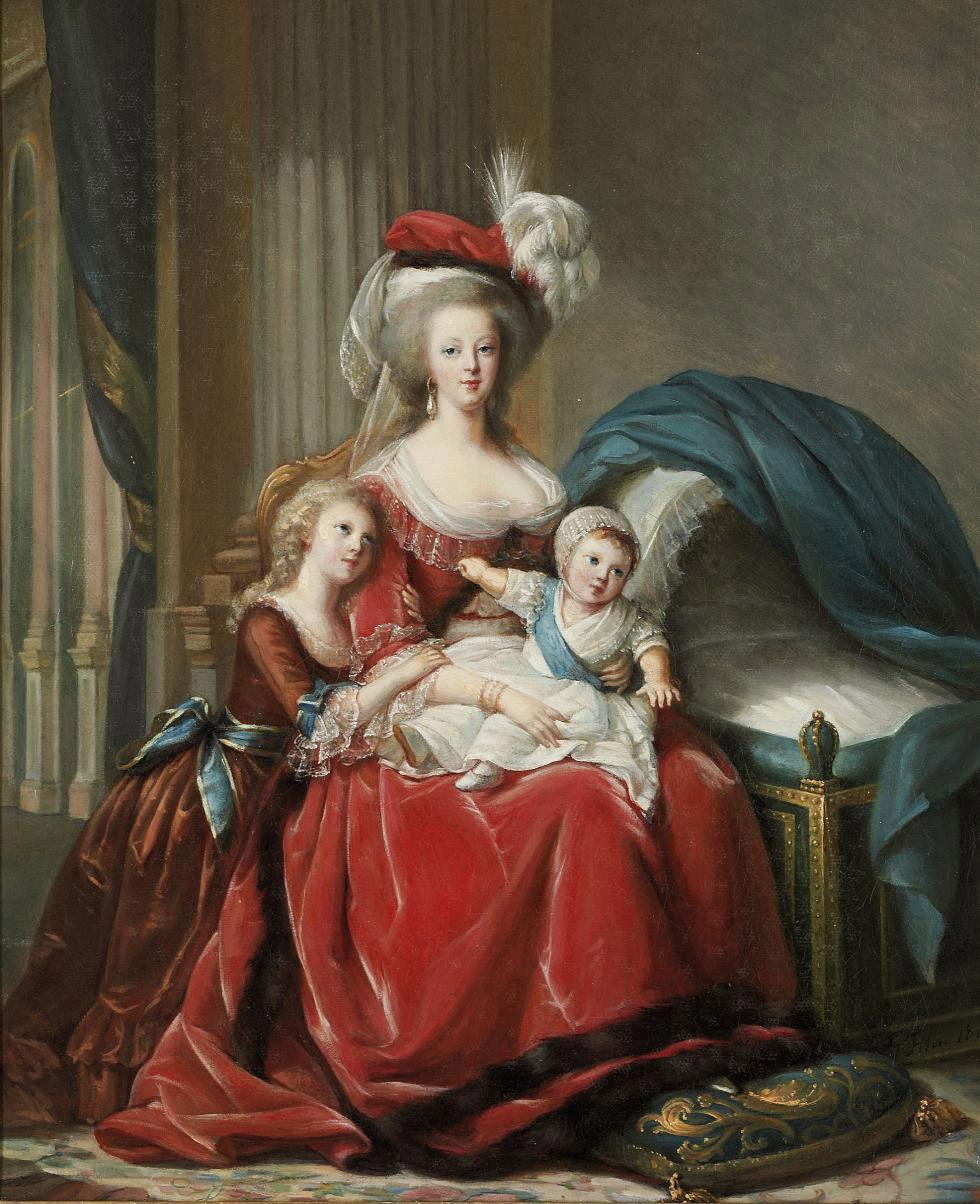 Portrait of Marie Antoinette, Queen of France, (1755-1793), full-length, seated, with her children Marie-Thérèse (1778-1851) and Louis-Charles, subsequently the titular King Louis XVII (1785-1795), in an interior