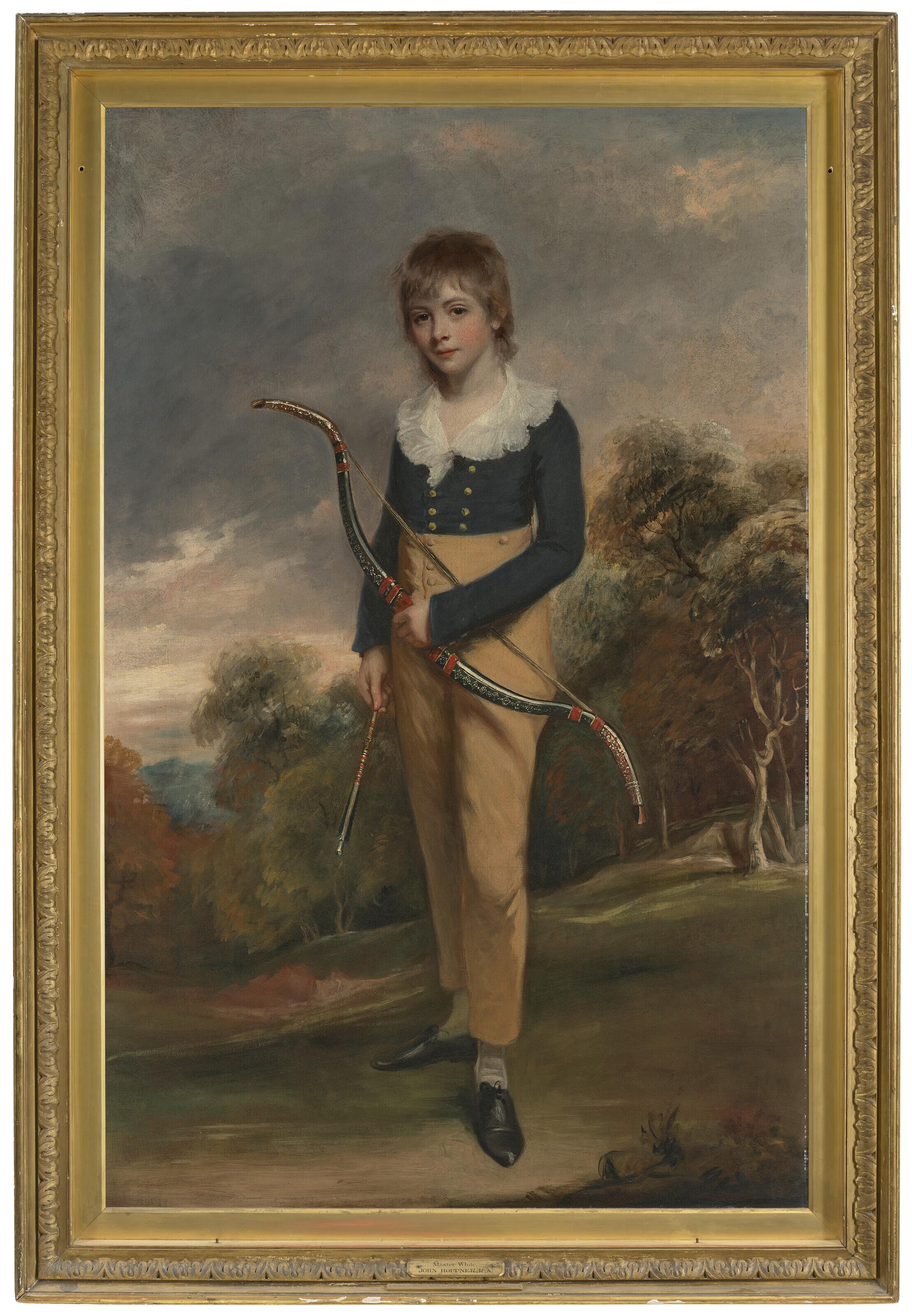 Portrait of Master White, full-length, in a blue jacket with a large collar and yellow breeches, holding a bow and arrow, in a park landscape