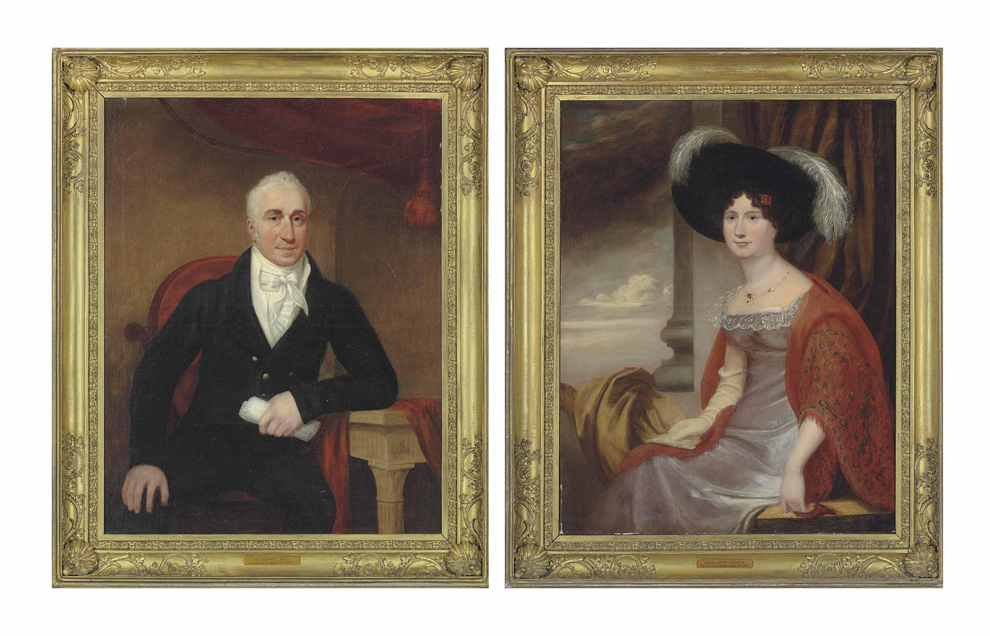 Portrait Of Sir Manasseh Lopes, 1St Bt. (1755-1831), Black Coat And White Cravat, Holding A Roll Of Parchment In His Left Hand; And Portrait Of Charlotte Yeates, Lady Lopes (D. 1833), In A Grey Satin Gown, With A Red Embroidered Wrap And A Feathered Hat