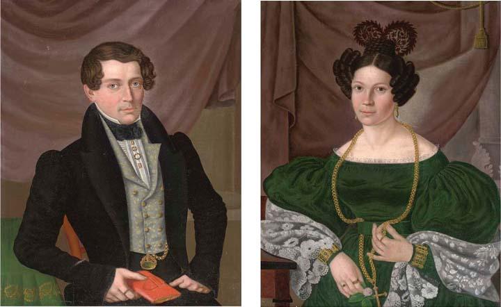 Portrait of Sophie Sturm, Half-Length, In A Green Dress And Lace Shawl, With Gold Jewellery; And Portrait of Gottreich Mehnert, Half-Length, In A Jacket And Waistcoat, Holding A Wallet.
