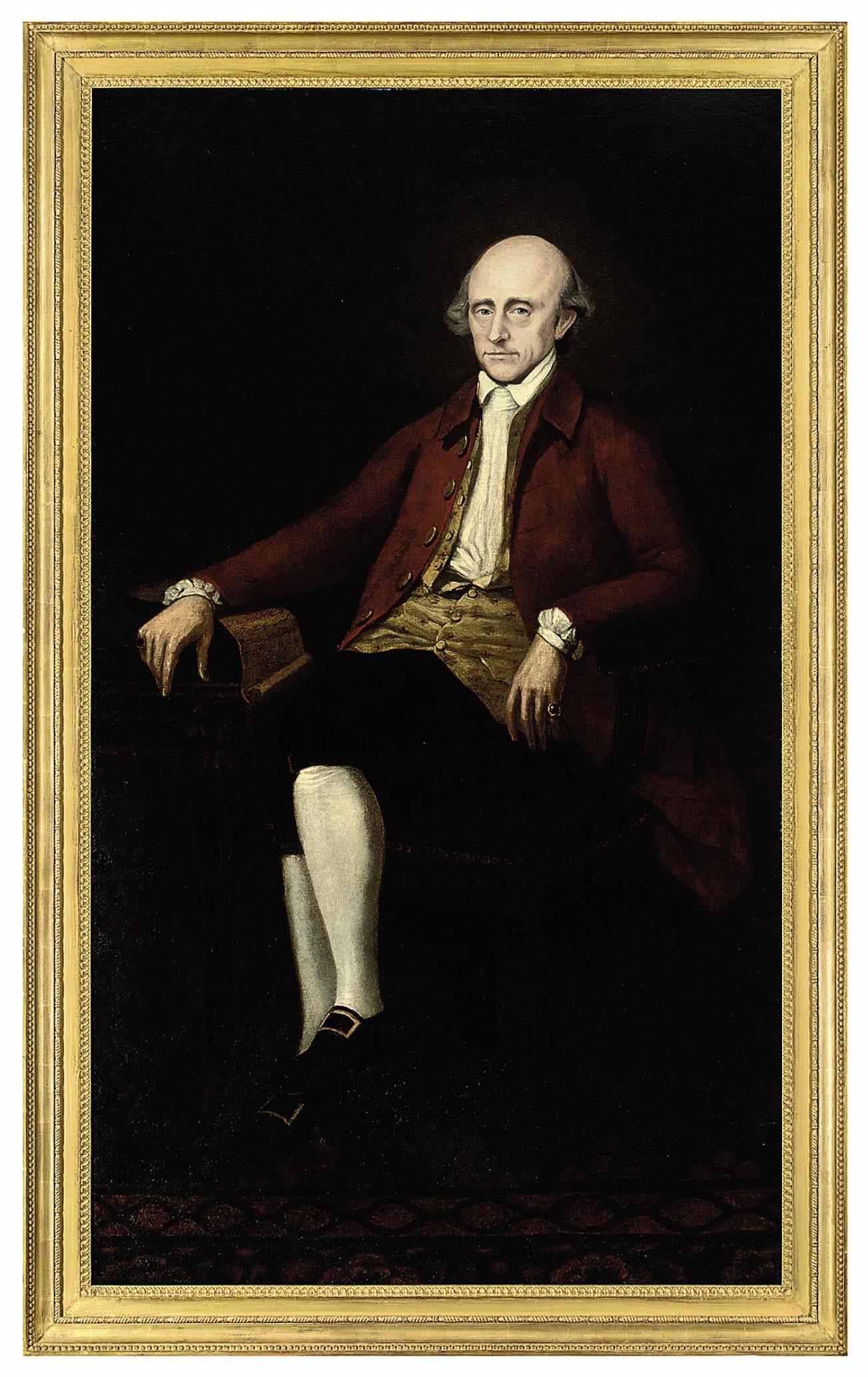 Portrait of Warren Hastings (1732-1818), governor-general of Bengal, full-length, seated at a table, in a red coat and flower-patterned waistcoat, with a letter