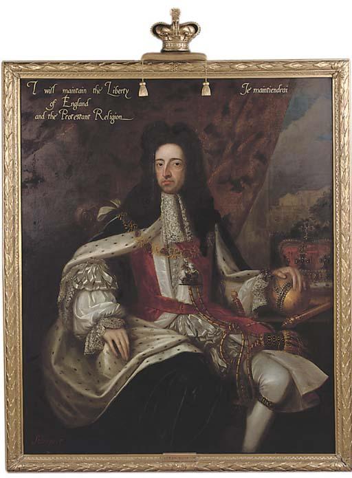 Portrait of William III, three-quarter length, seated, in coronation robes