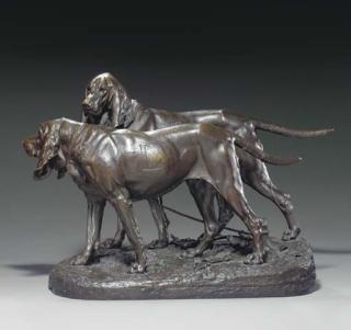 Prosper Lecourtier - Deux Chiens de chasse attachés