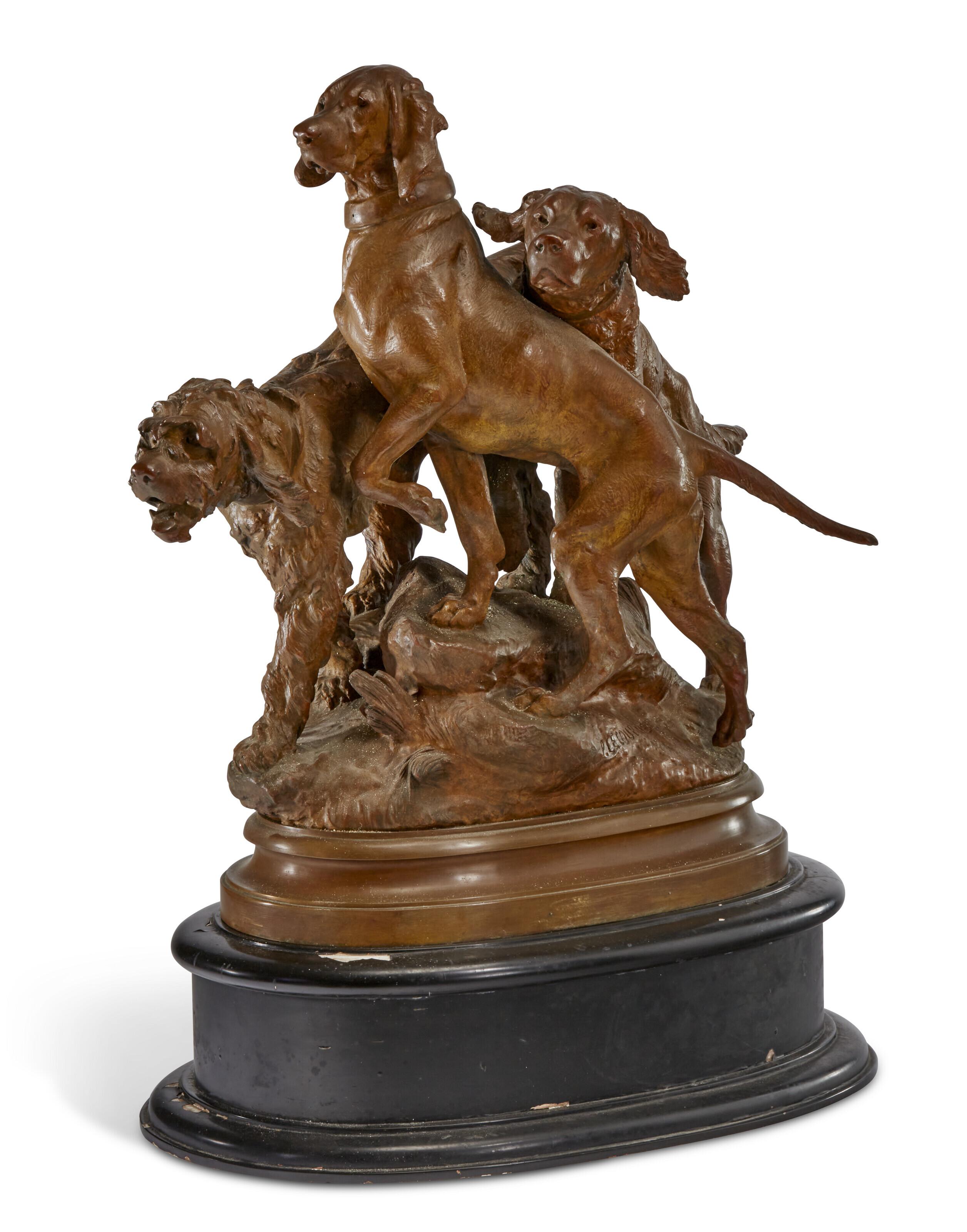 Prosper Lecourtier - Trois chiens à la chasse (Three dogs on the hunt)