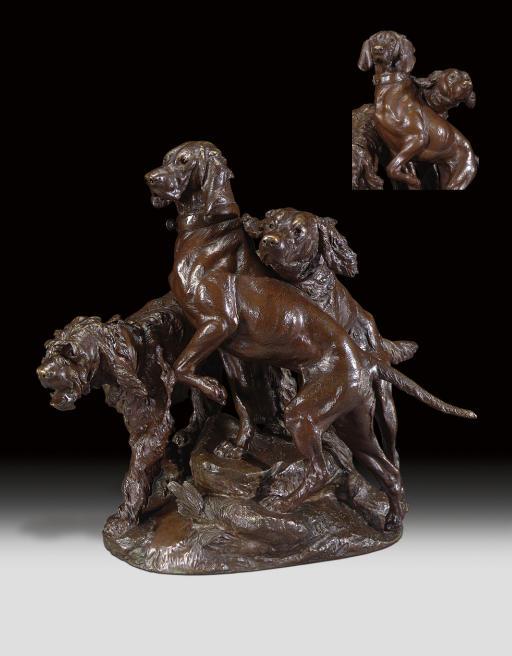 Prosper Lecourtier - Trois chiens à la chasse