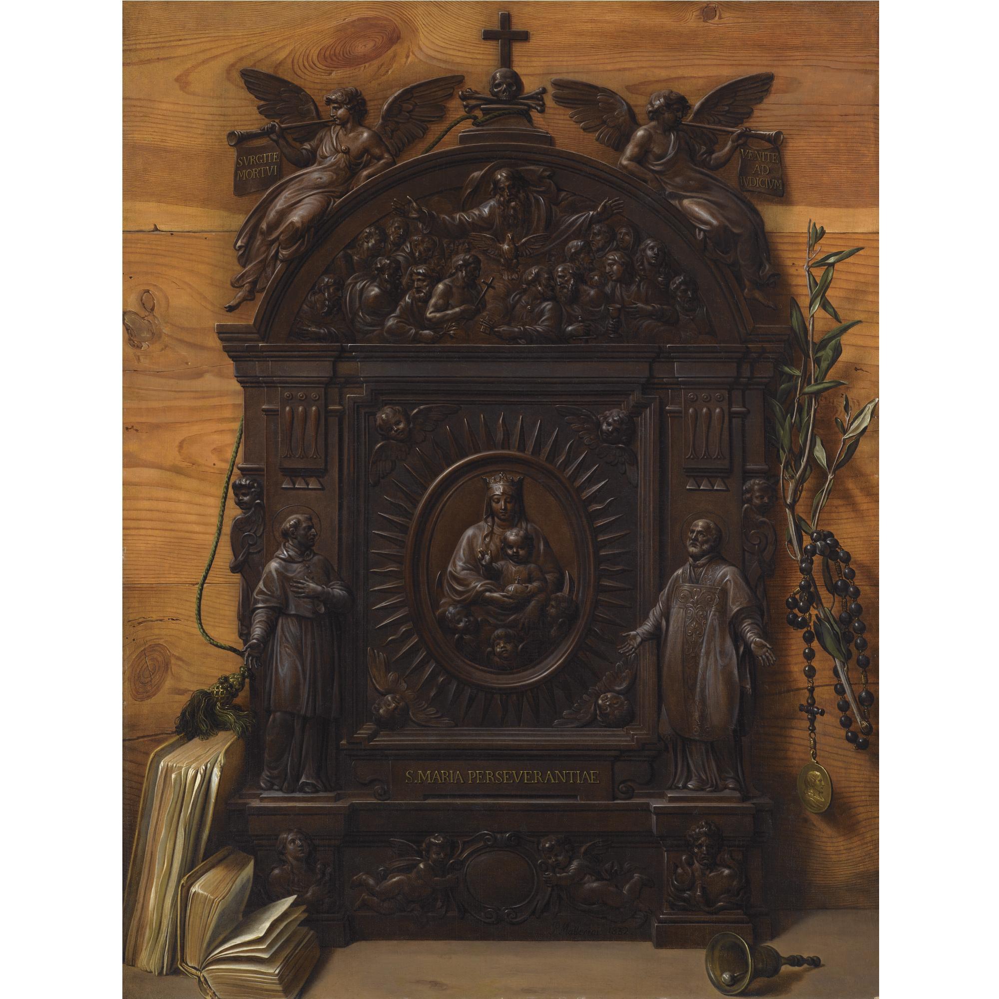 Prospero Mallerini - A Trompe L\'Oeil Still Life Of A Portable Wooden Altar With A Rosary, A Hand Bell And Books Lying On The Ledge Beside