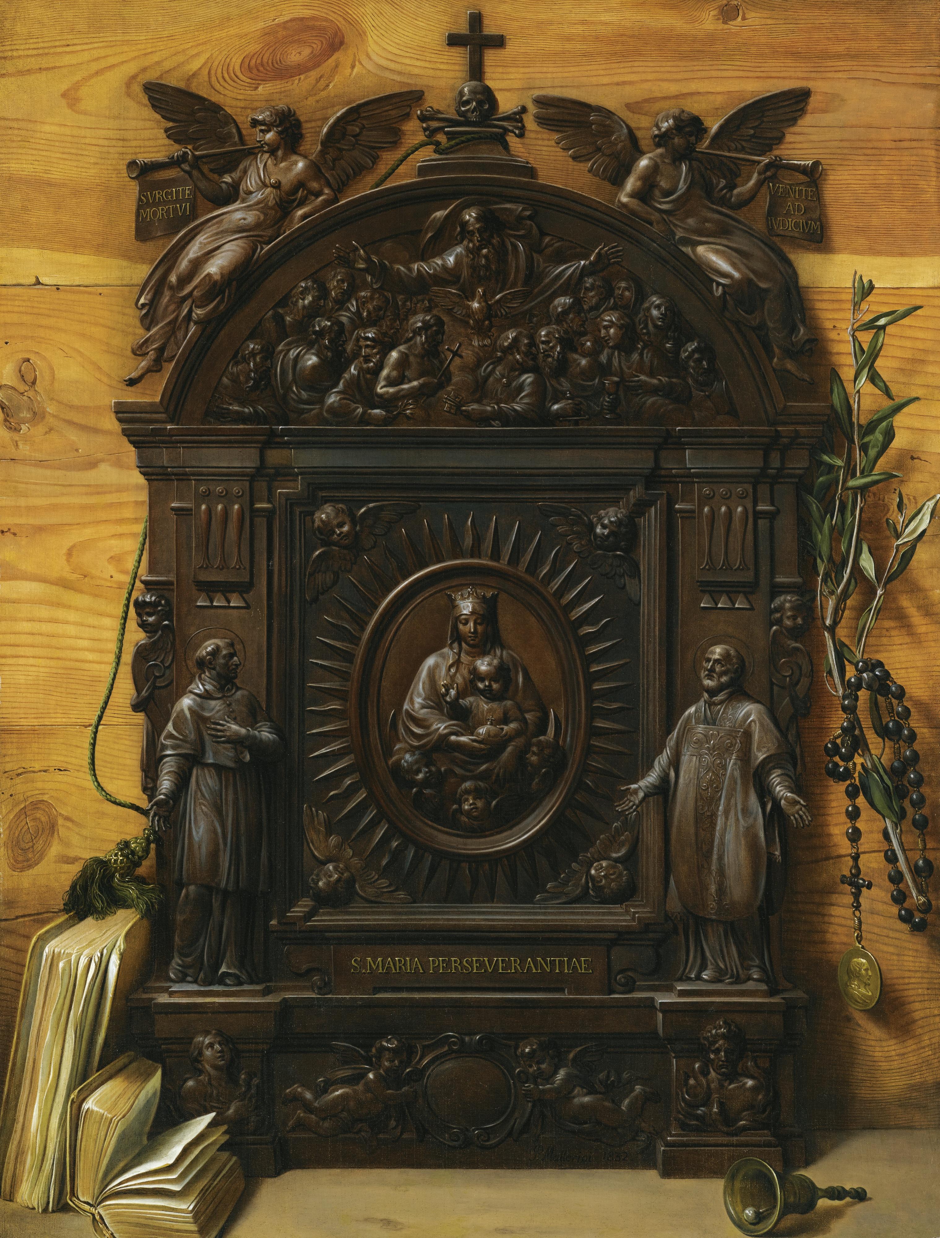 Prospero Mallerini - A Trompe L\'Oeil Still Life Of A Portable Wooden Altar With A Rosary, A Hand Bell And Books Lying On The Ledge Beside