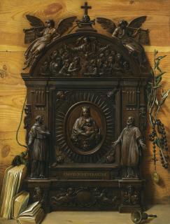 Prospero Mallerini - A Trompe L\'Oeil Still Life Of A Portable Wooden Altar With A Rosary, A Hand Bell And Books Lying On The Ledge Beside
