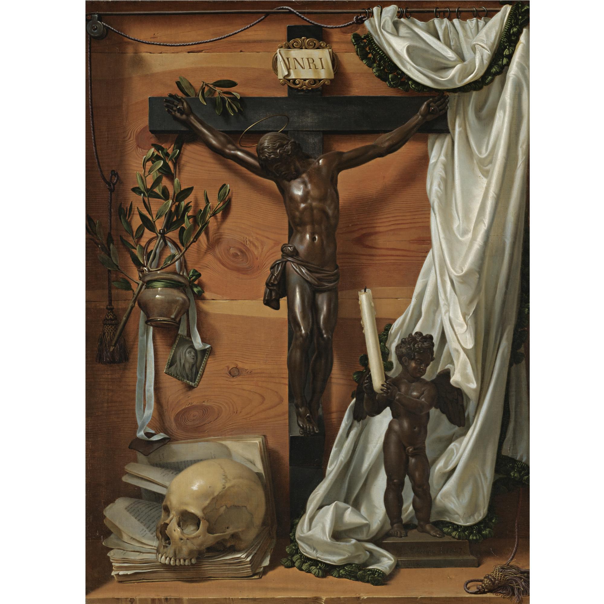 Prospero Mallerini - A Trompe L\'Oeil Vanitas Still Life With A Bronze Crucifix, A Bronze Statuette Of A Putto Holding An Unlit Candle, A Skull, An Open Book, An Aspersorium With An Olive Branch, And A Grisaille Of The Madonna