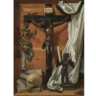 Prospero Mallerini - A Trompe L\'Oeil Vanitas Still Life With A Bronze Crucifix, A Bronze Statuette Of A Putto Holding An Unlit Candle, A Skull, An Open Book, An Aspersorium With An Olive Branch, And A Grisaille Of The Madonna