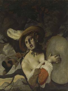 Pseudo-Caroselli - A Courtesan In A Plumed Hat Playing A Tambourine, A Landscape Beyond