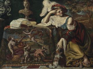 Pseudo-Caroselli - A lady seated at a table draped with a tapestry