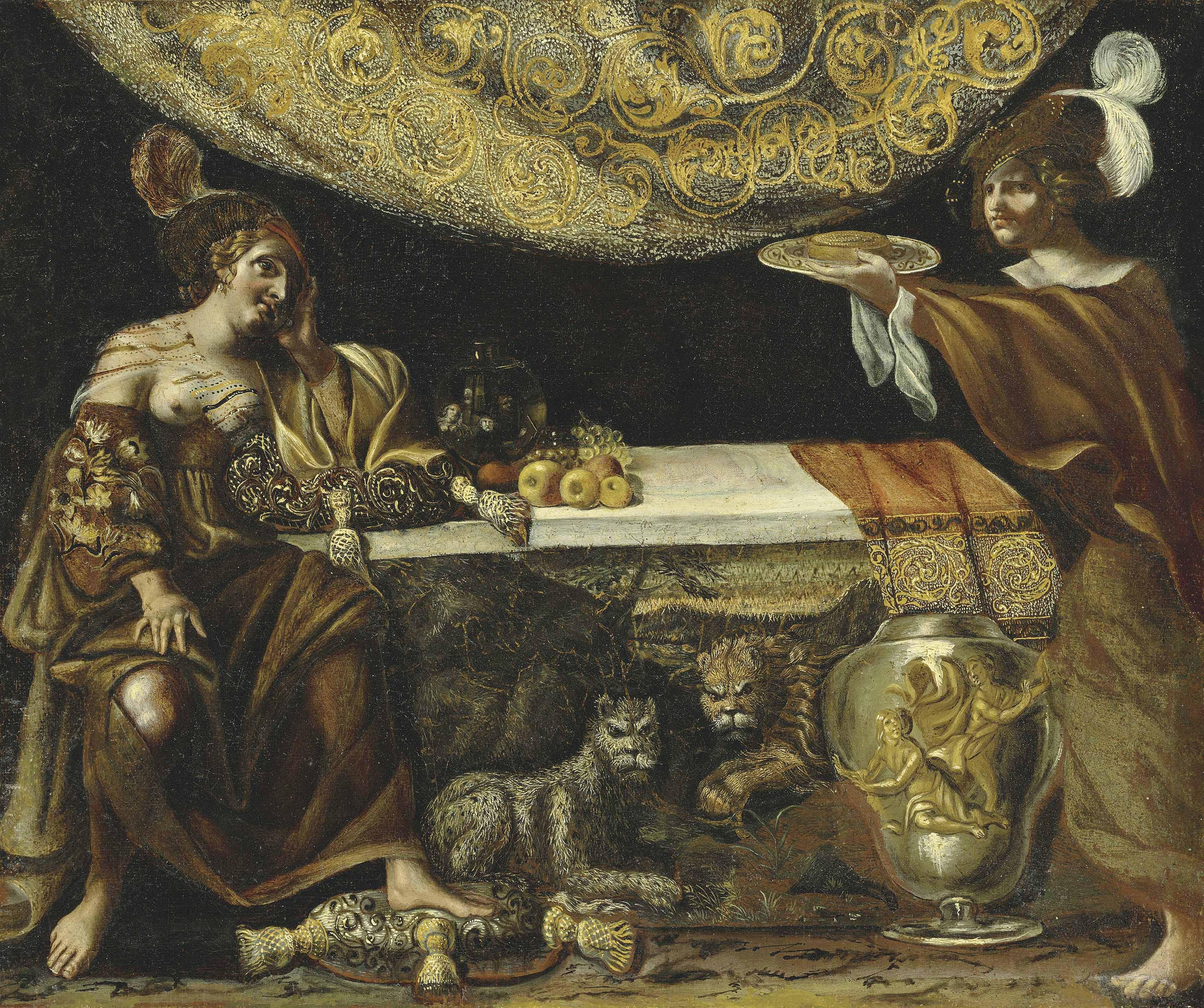 Pseudo-Caroselli - An Allegorical Scene With A Courtesan, A Handmaid, A Leopard And A Lion