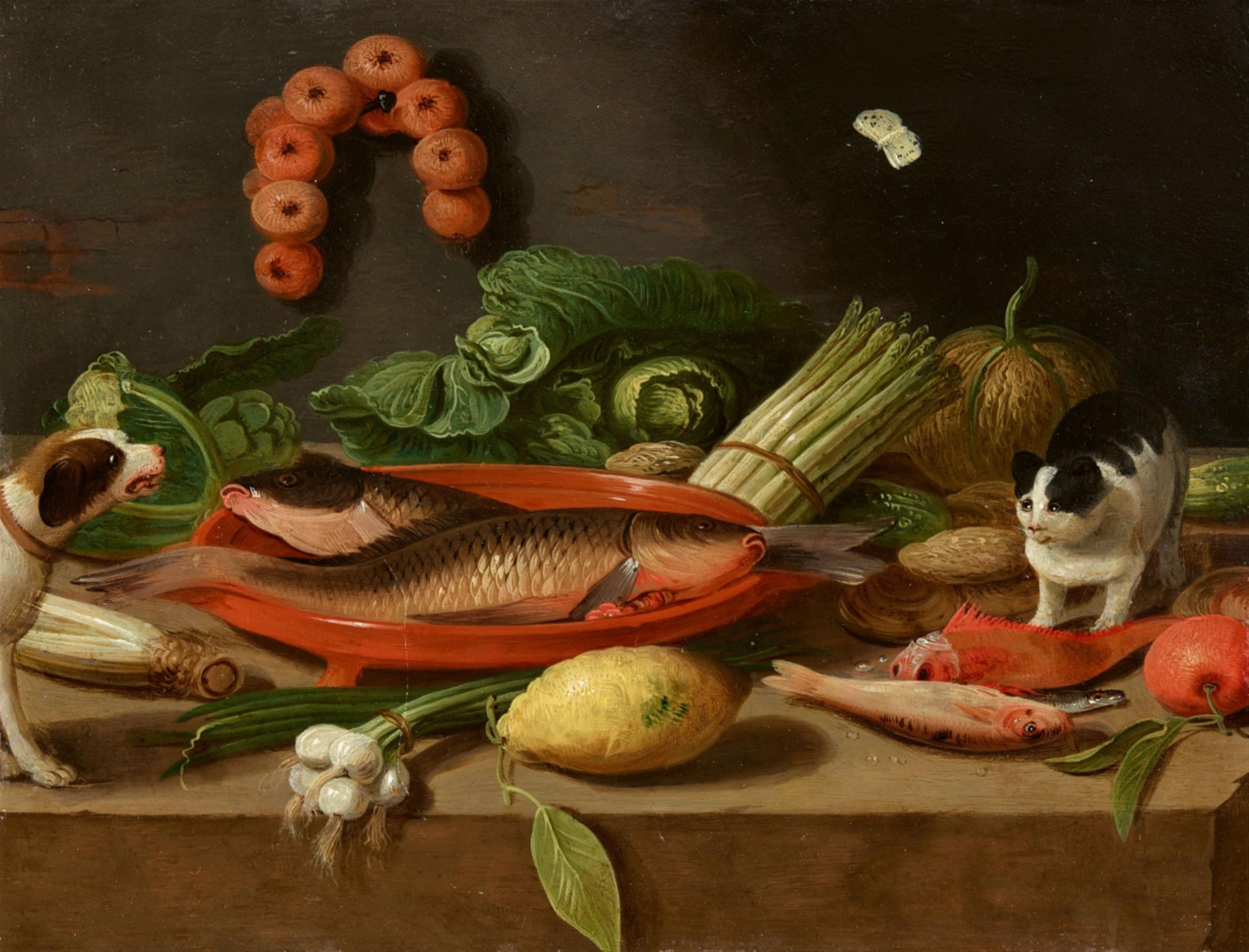 Pseudo-Jan van Kessel d. J. - Stillleben mit Karpfen in einer Terrakotta-Schale, Austern, Spargel, Kohl und Zwiebeln sowie Hund und Katze