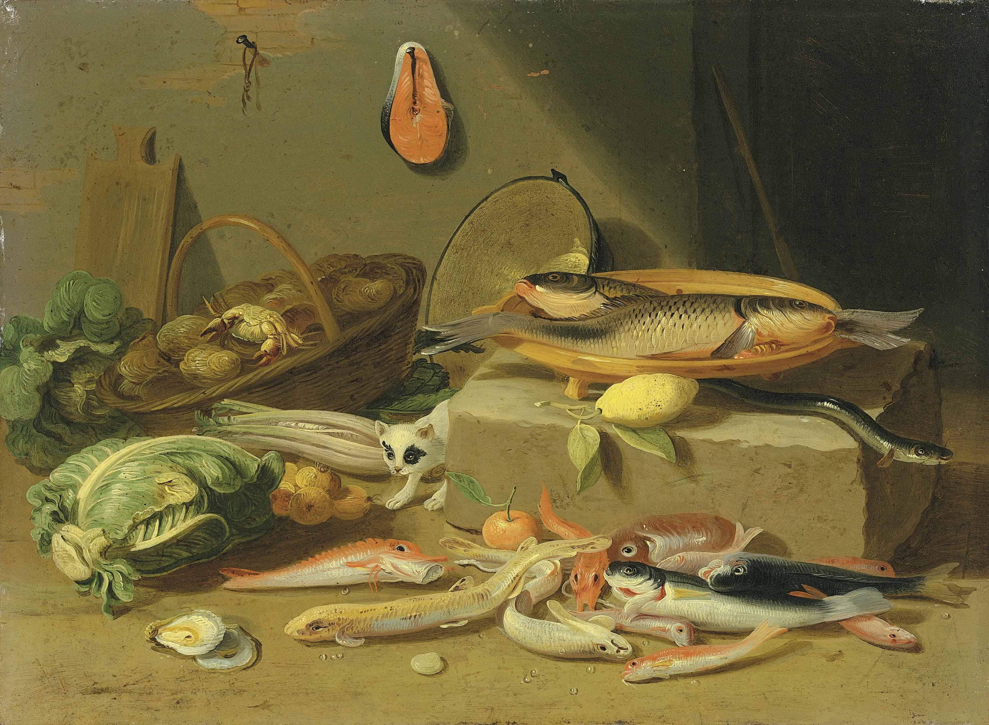 Pseudo-Jan Van Kessel II - A Pantry With A Cat Prowling Among Fish And Vegetables