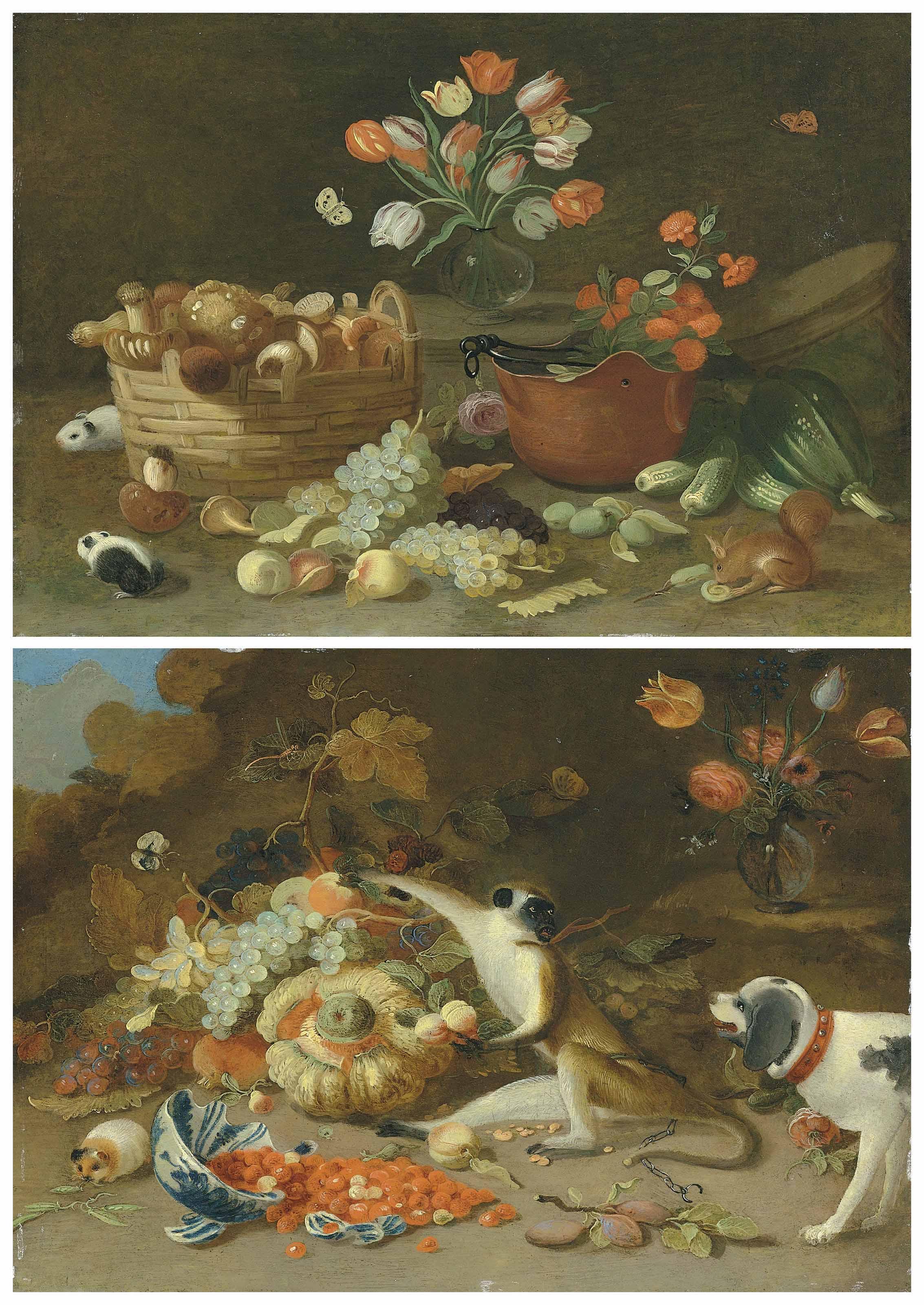 Pseudo-Jan Van Kessel II - A Squirrel And Hamsters By A Basket Of Mushrooms, Fruit And Flowers; And A Monkey Caught Stealing Fruit By A Dog
