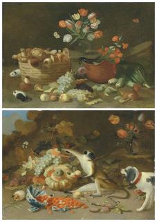 Pseudo-Jan Van Kessel II - A Squirrel And Hamsters By A Basket Of Mushrooms, Fruit And Flowers; And A Monkey Caught Stealing Fruit By A Dog