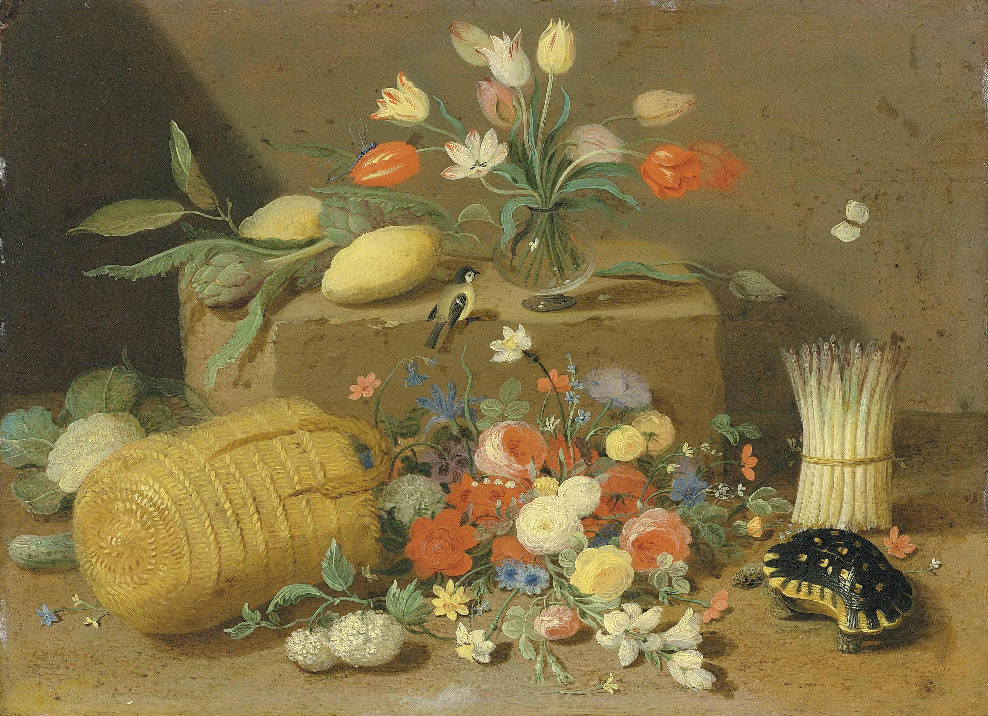 Pseudo-Jan Van Kessel II - An Overturned Basket Of Flowers With A Tortoise