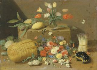 Pseudo-Jan Van Kessel II - An Overturned Basket Of Flowers With A Tortoise