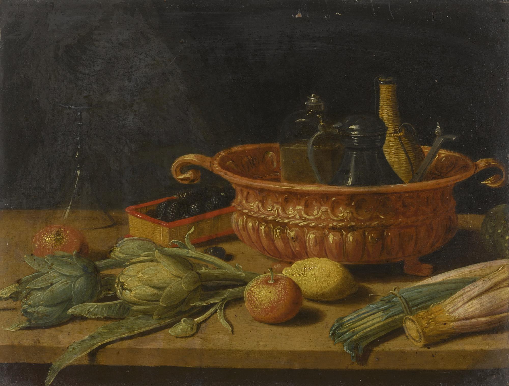 Pseudo-Jan Van Kessel Ii - Still Life Of Fruit, Vegetables, A Copper Pot And Other Objects On A Table