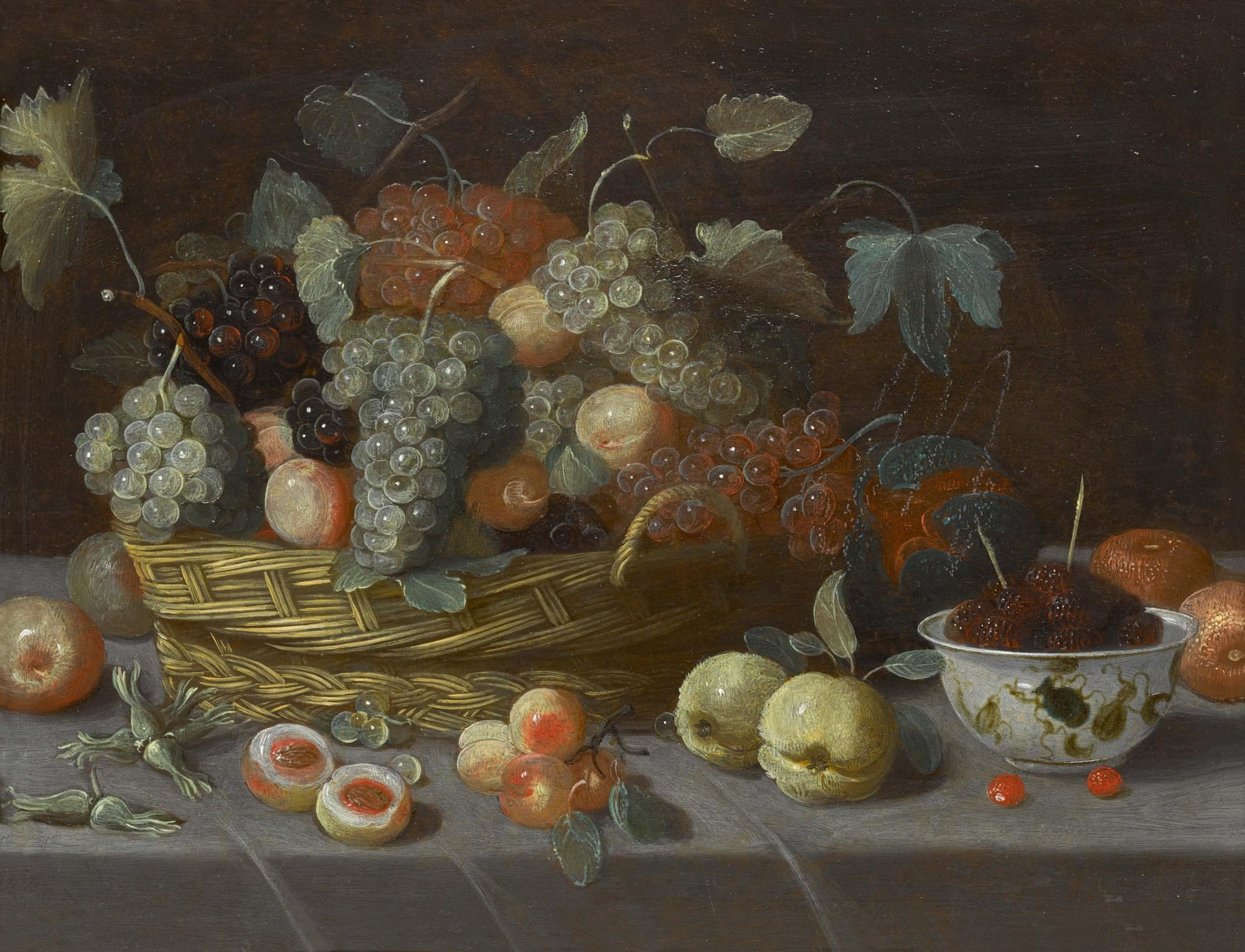 Pseudo-Jan Van Kessel Ii - Still Life With A Fruit Basket And A Ming Bowl On A Table