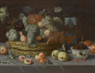 Pseudo-Jan Van Kessel Ii - Still Life With A Fruit Basket And A Ming Bowl On A Table