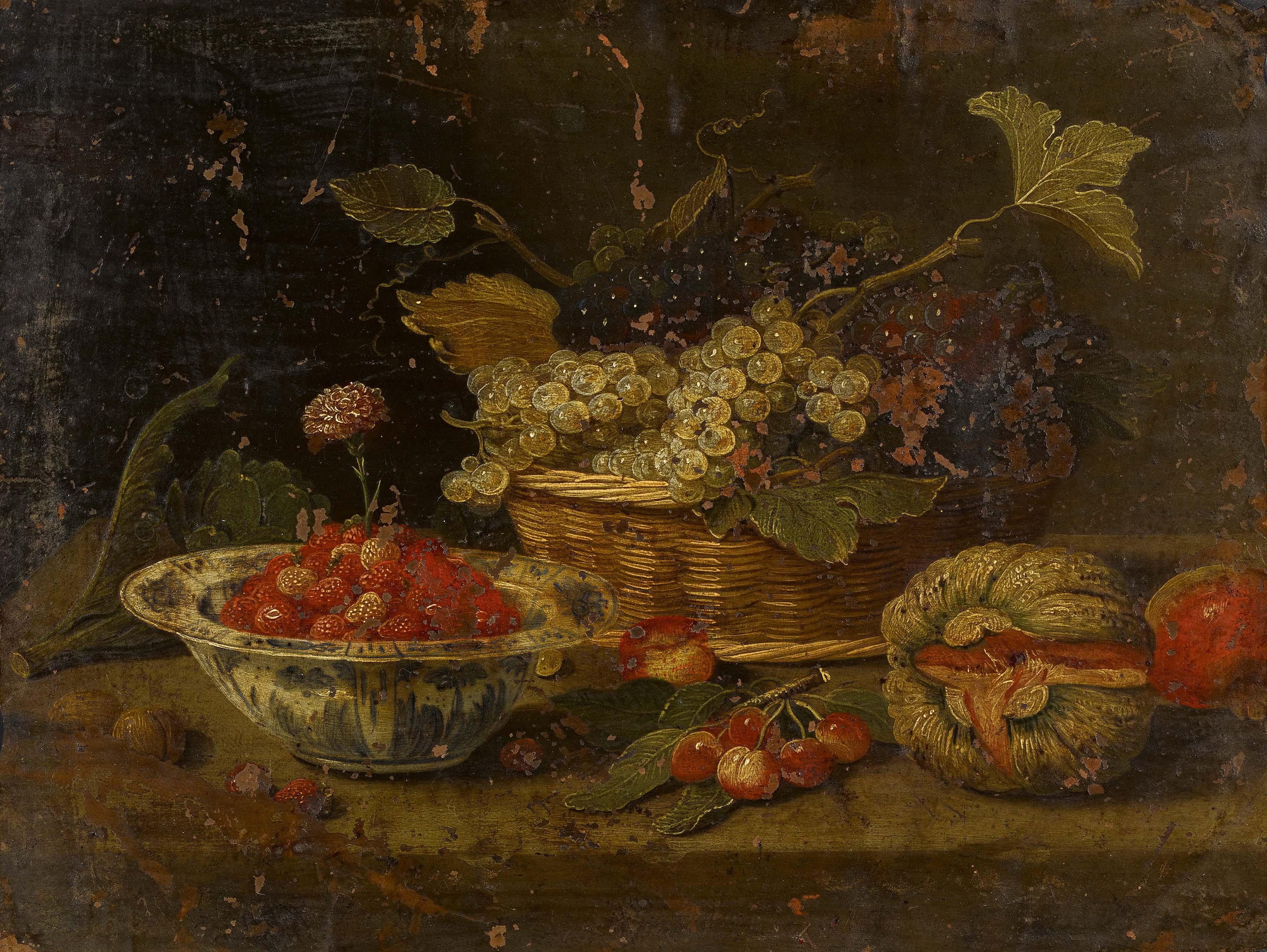 Pseudo-Jan van Kessel - Stillleben mit einem Korb Weintrauben, einer Porzellanschüssel mit Erdbeeren und einer Melone