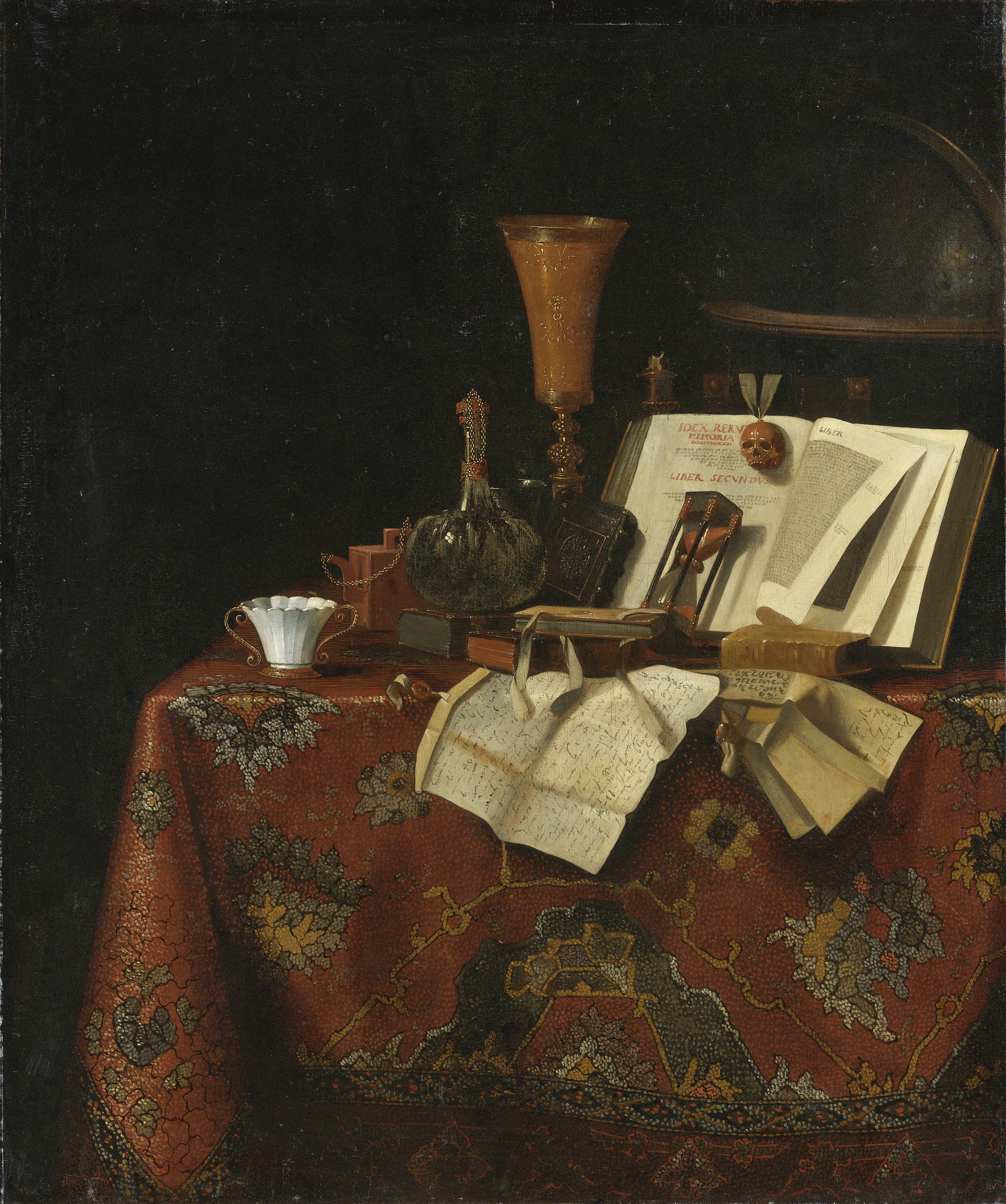 Pseudo-Roestraeten - A Vanitas Still Life Of A Goblet, A Wine Vessel, A Yixing Stoneware Teapot, Books, An Hourglass, Letters And A Globe On A Carpeted Table