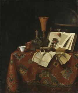 Pseudo-Roestraeten - A Vanitas Still Life Of A Goblet, A Wine Vessel, A Yixing Stoneware Teapot, Books, An Hourglass, Letters And A Globe On A Carpeted Table