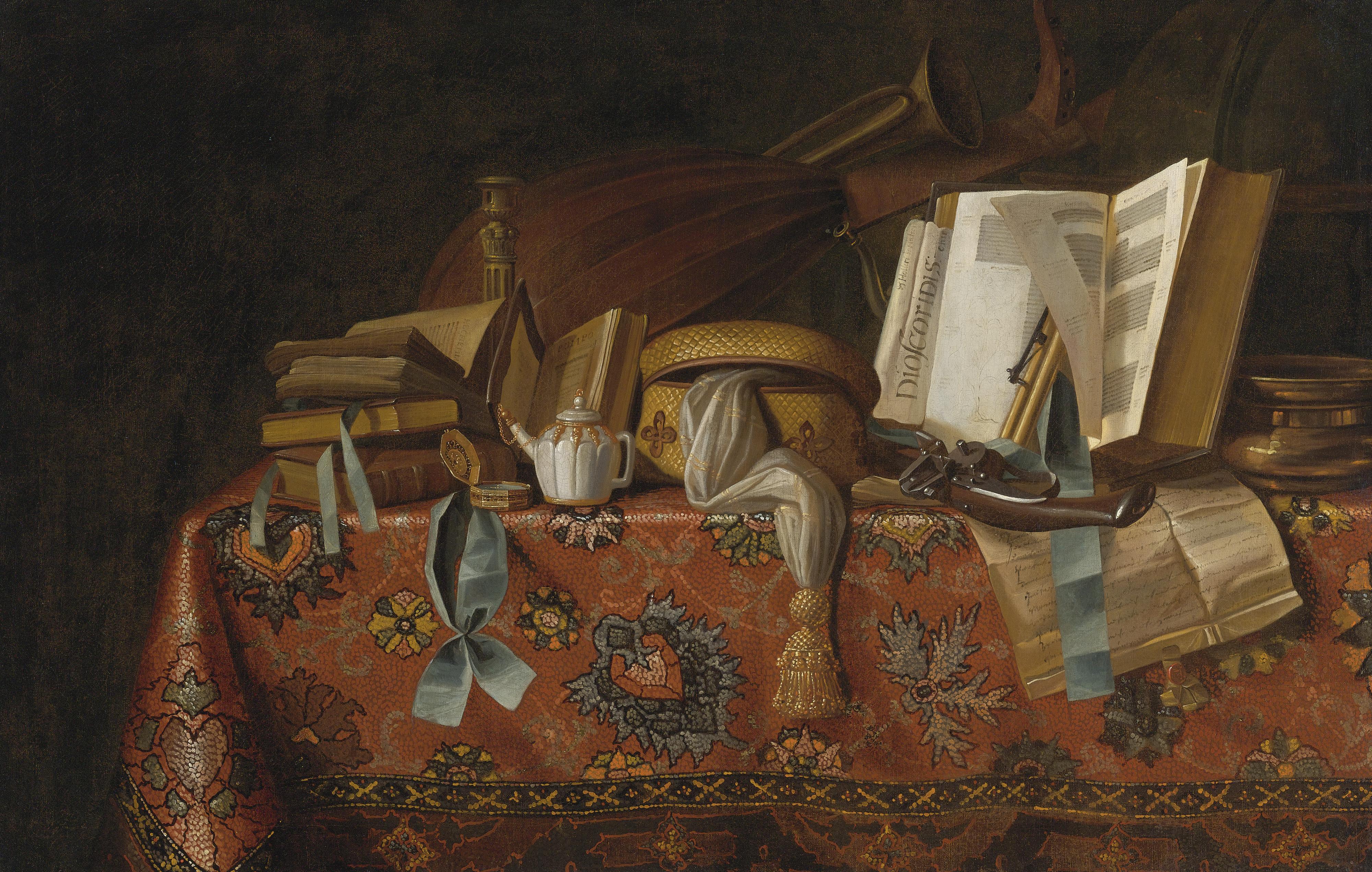 Pseudo-Roestraeten - Still Life Of Books, Musical Instruments And Other Objects On A Table Draped With An Oriental Carpet