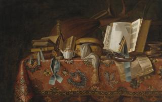 Pseudo-Roestraeten - Still Life Of Books, Musical Instruments And Other Objects On A Table Draped With An Oriental Carpet