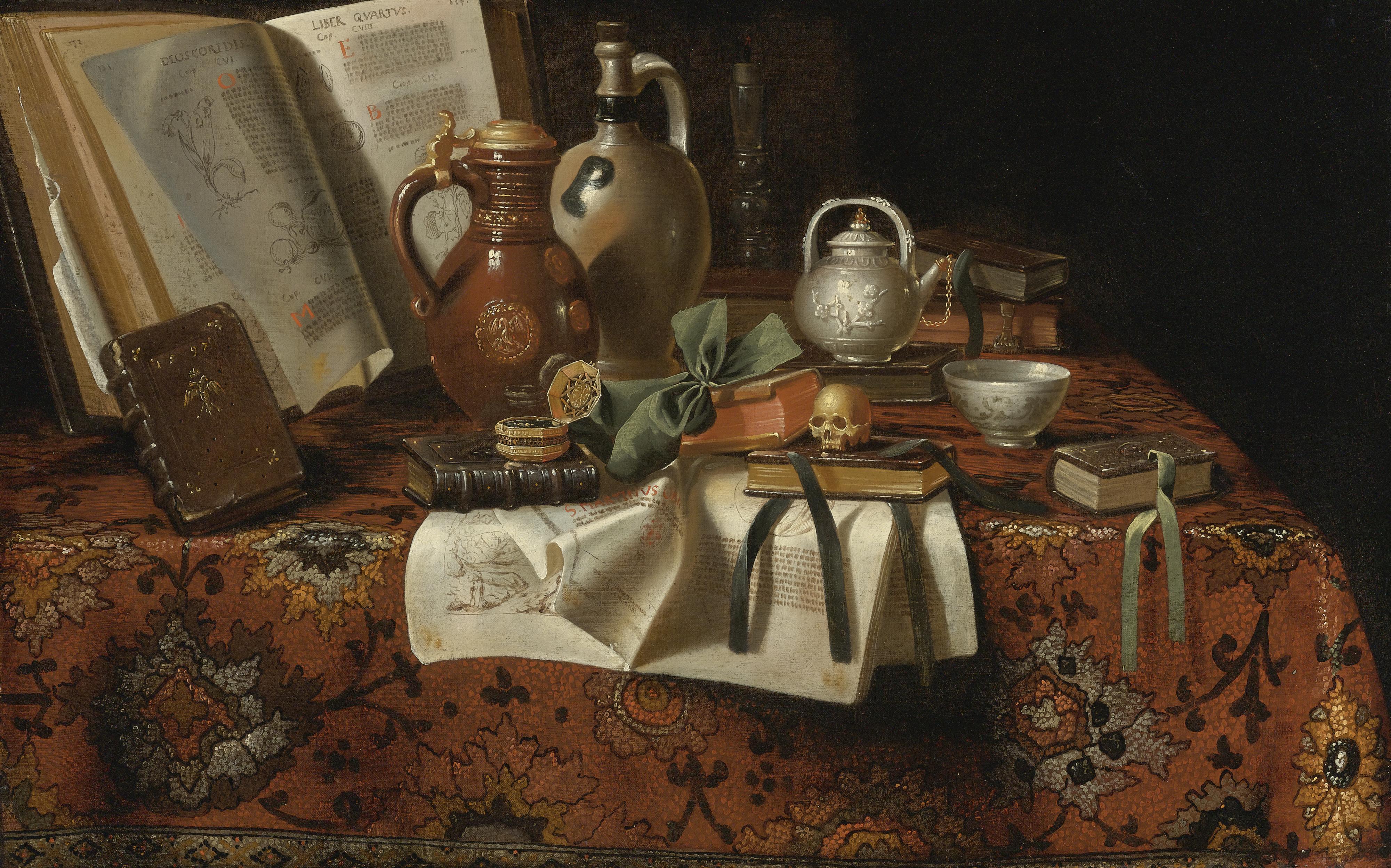Pseudo-Roestraeten - Vanitas Still Life With Books, Jugs, A Skull And Other Objects On An Table Draped With An Oriental Carpet