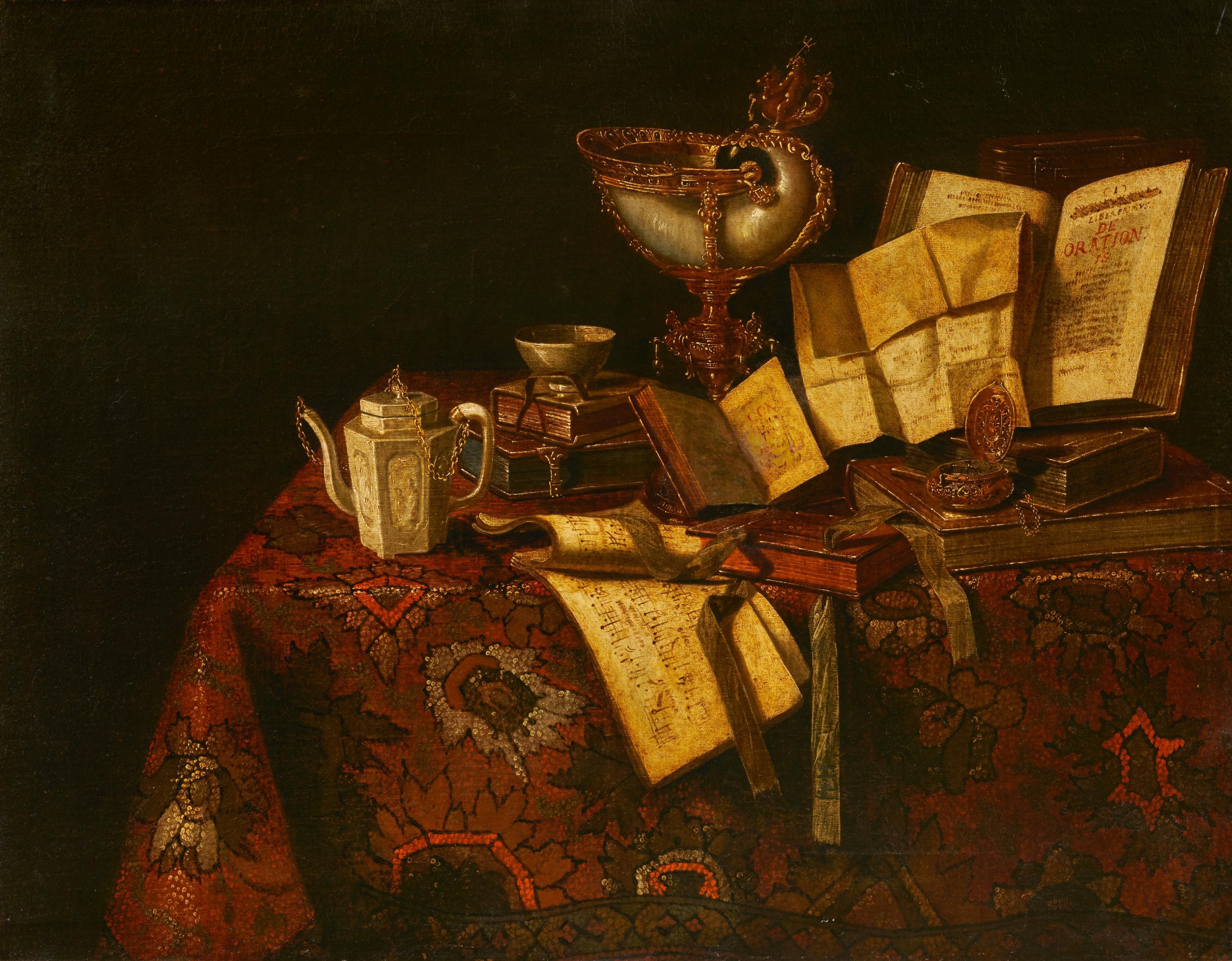 Pseudo-Roestraten - Stillleben mit Nautiluspokal, Büchern und Notenblättern.