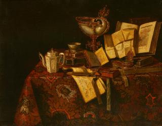 Pseudo-Roestraten - Stillleben mit Nautiluspokal, Büchern und Notenblättern.