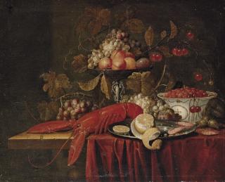 Pseudo-Simons - A lobster, grapes, hazelnuts, a cut lemon and shrimp on a silver plate, grapes, peaches, plums, and cherries on a \'tazza\' and strawberries in a porcelain bowl, on a partially draped table