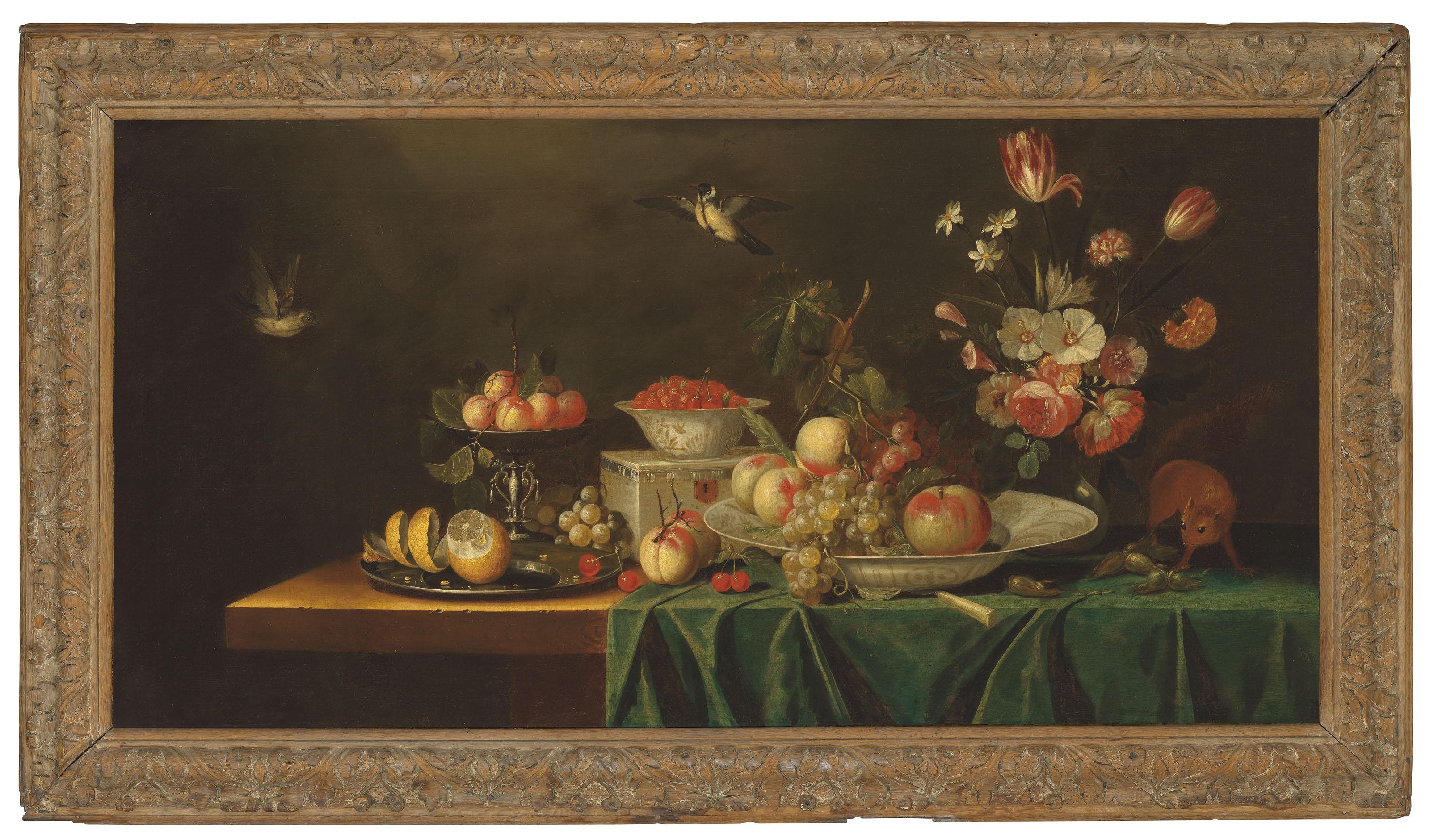 Pseudo-Simons - Fruit and flowers on a partially draped table
