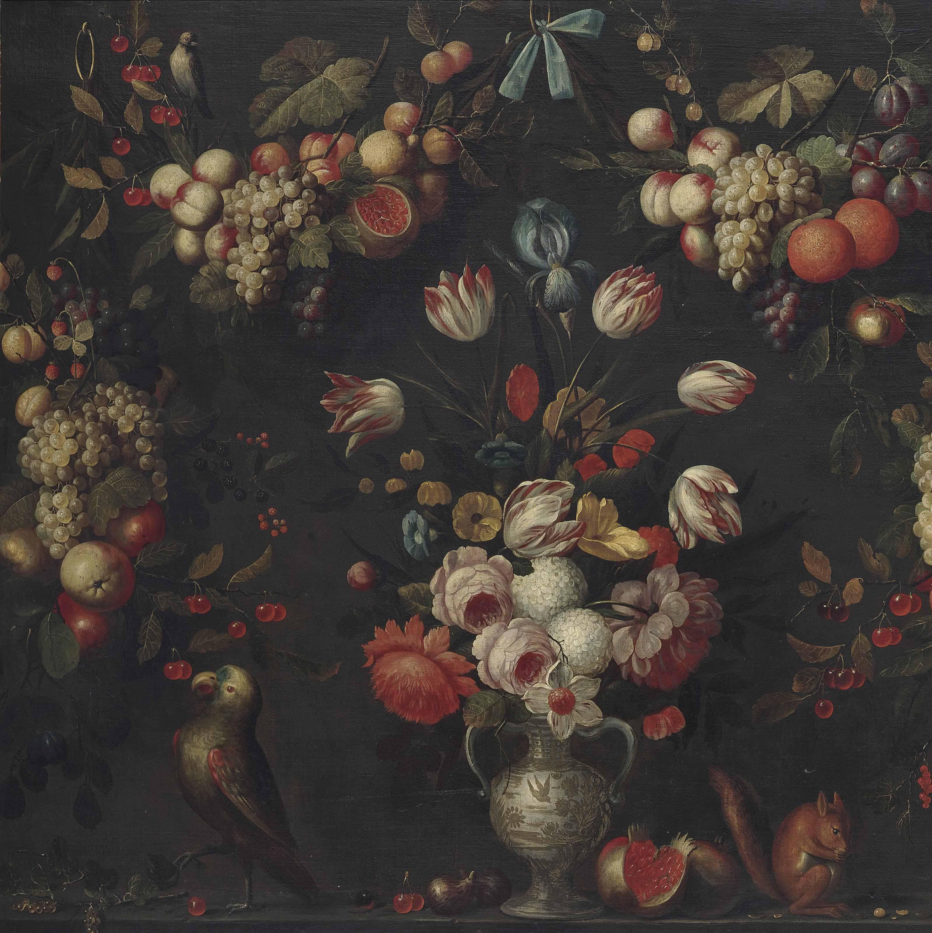 Pseudo-Simons - Roses, hydrangeas, parrot tulips and other flowers in a porcelain vase, with a parrot and a squirrel on a ledge, surrounded with garlands of apples, pears, grapes and pomegranates