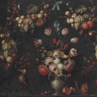 Pseudo-Simons - Roses, hydrangeas, parrot tulips and other flowers in a porcelain vase, with a parrot and a squirrel on a ledge, surrounded with garlands of apples, pears, grapes and pomegranates