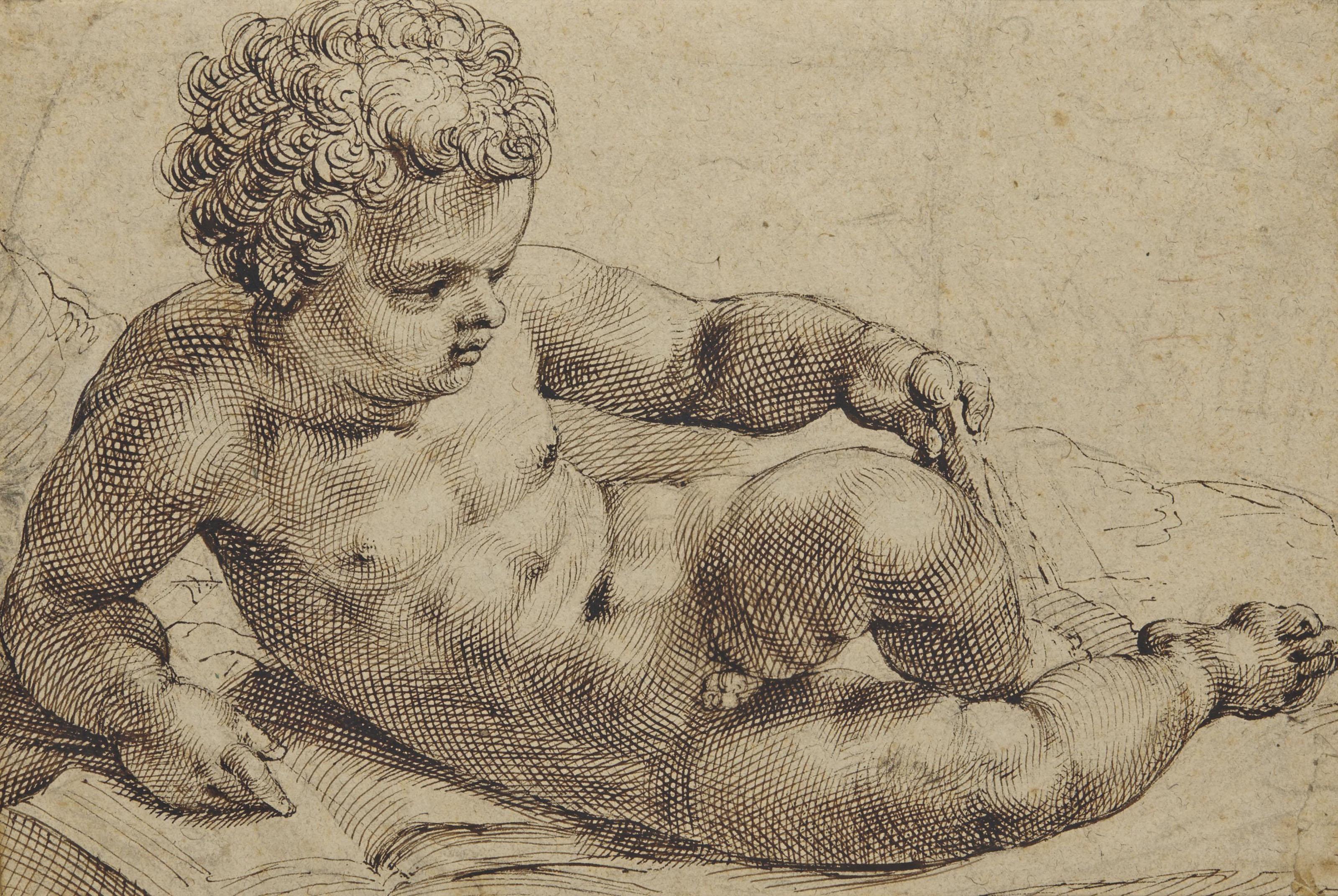 Putto A Demi Couché, Un Livre Sous Sa Main Droite Et Un Compas Dans Sa Main Gauche