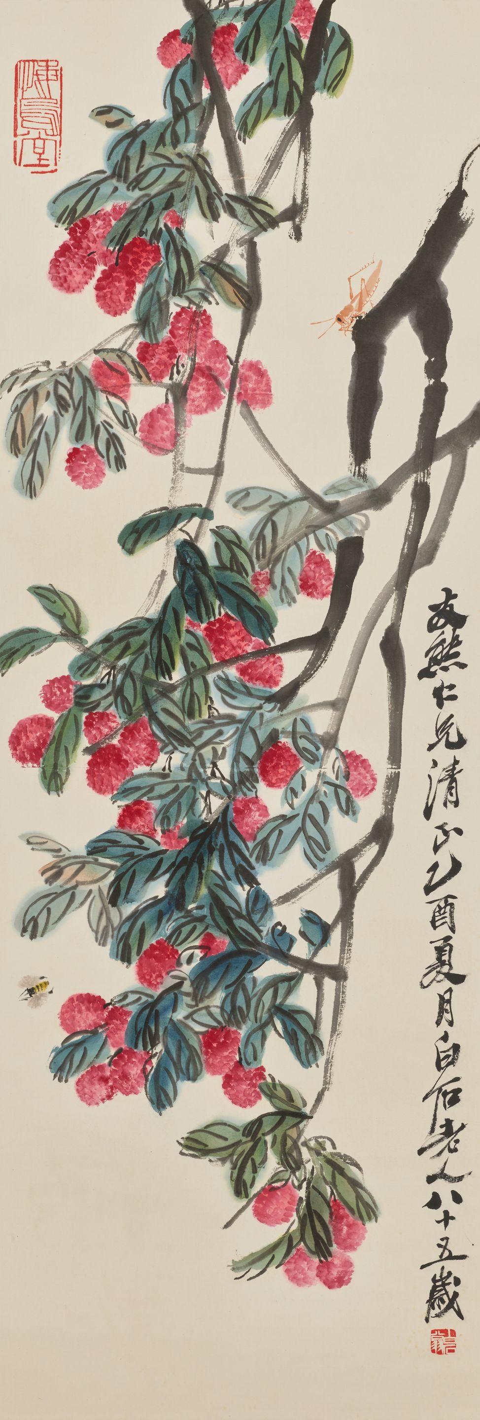 Qi Baishi - Lychee, Bee and Grasshopper