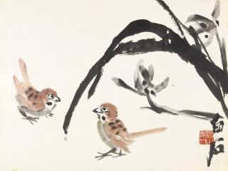 Qi Baishi - Sparrows By The Orchid