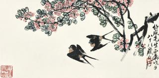 Qi Baishi - Swallows By Peach Blossoms