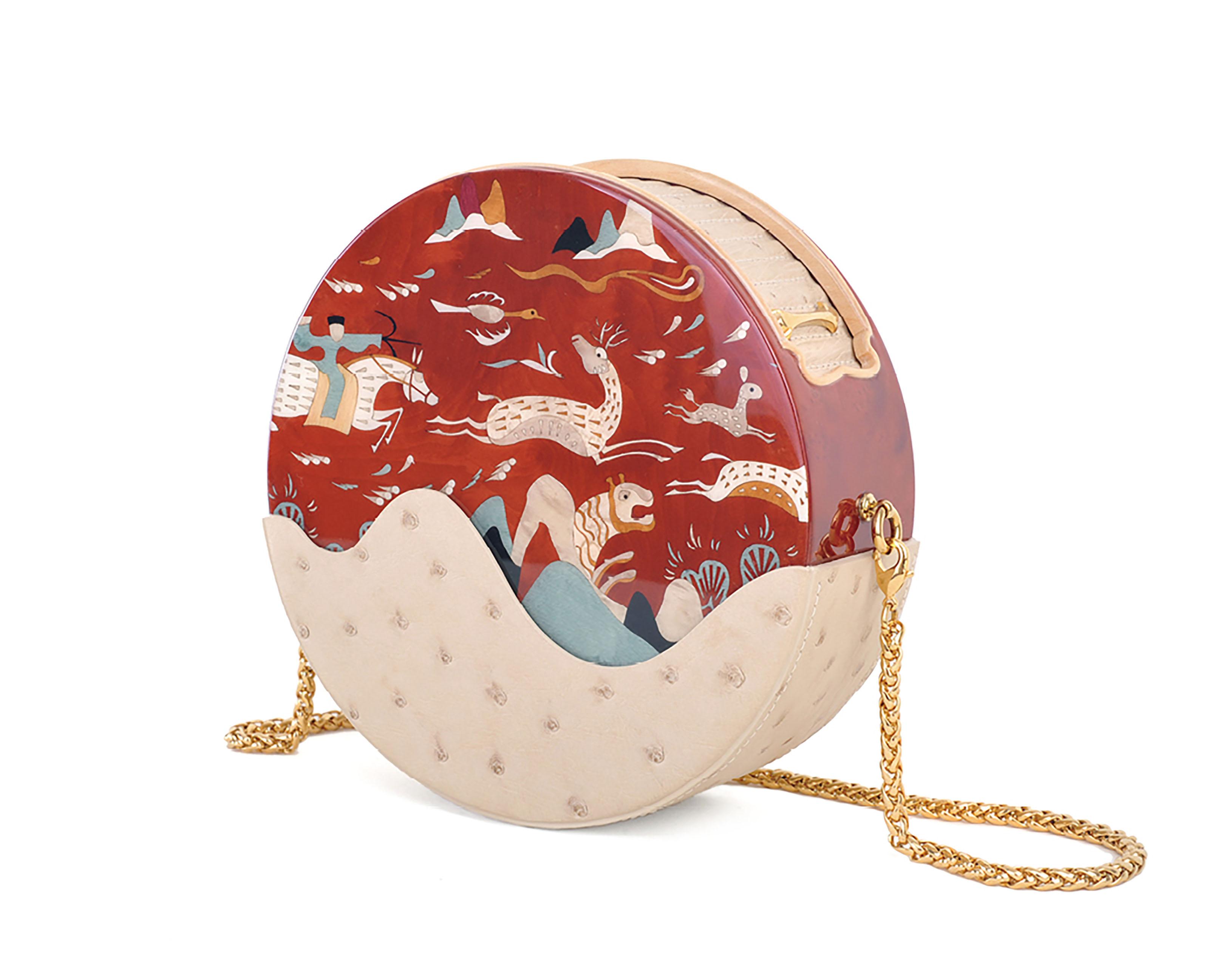 Qi Tian - A WOOD INLAID OSTRICH SHOULDER BAG