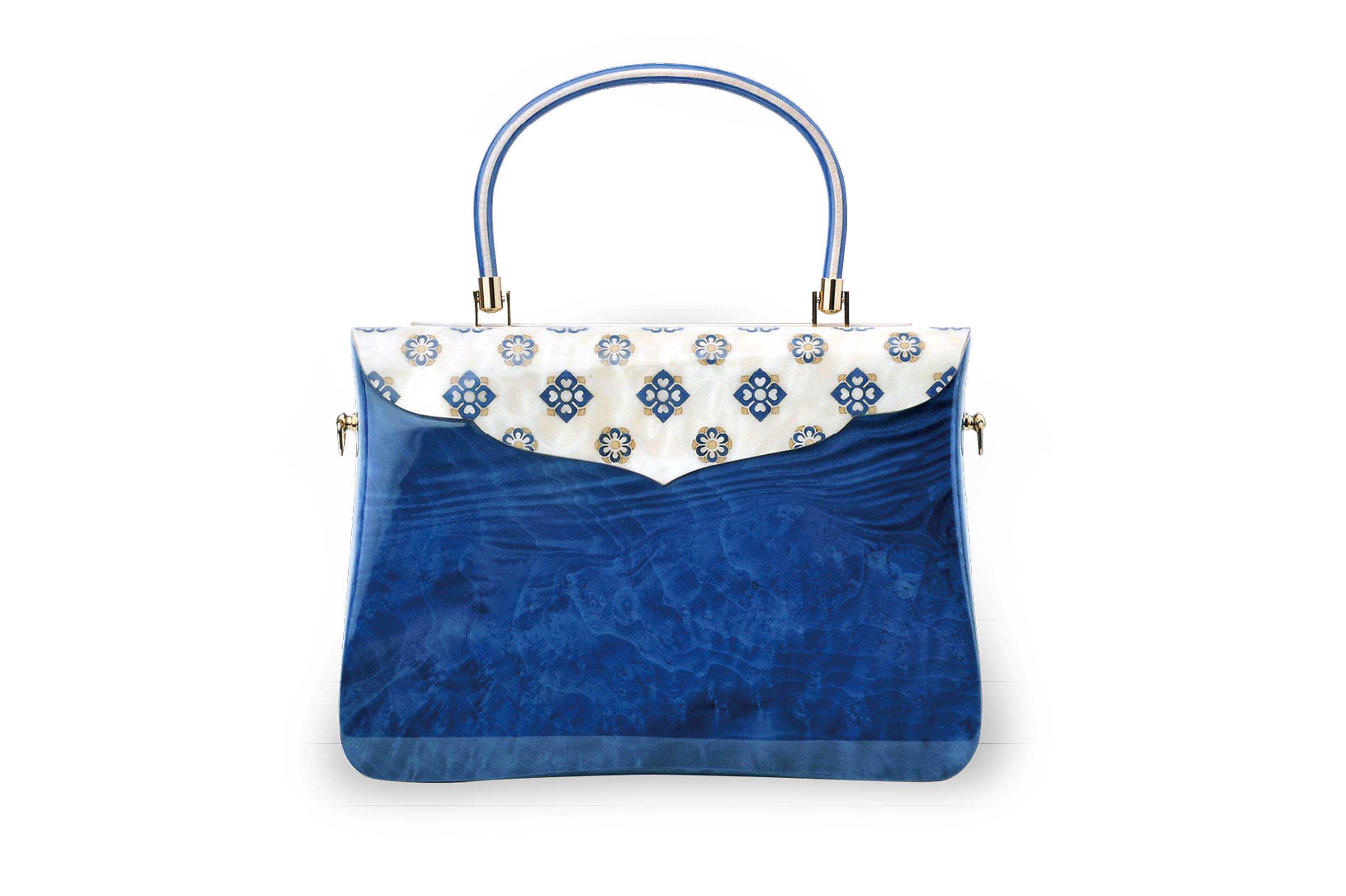 Qi Tian - Inlaid Floral Motif Blue Ash Burr Veneer Handbag