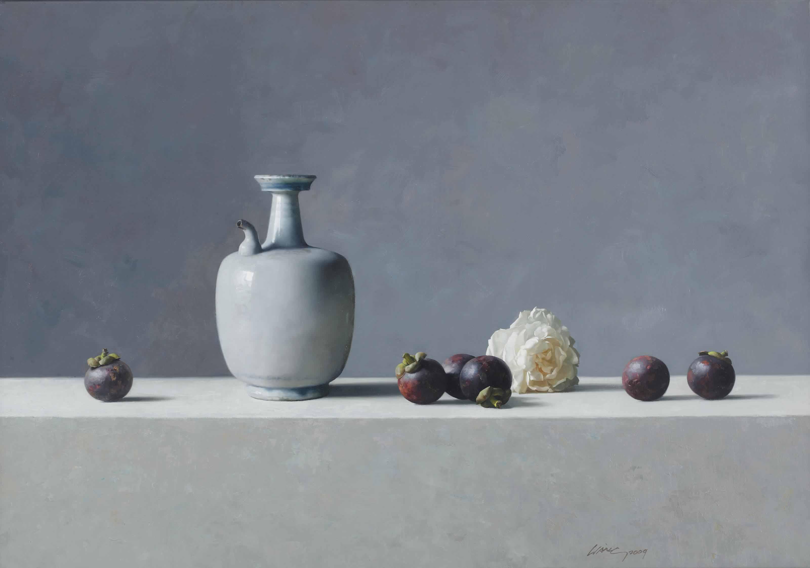 Qiangli Liang - A still life with a jug, a white peony and mangosteens